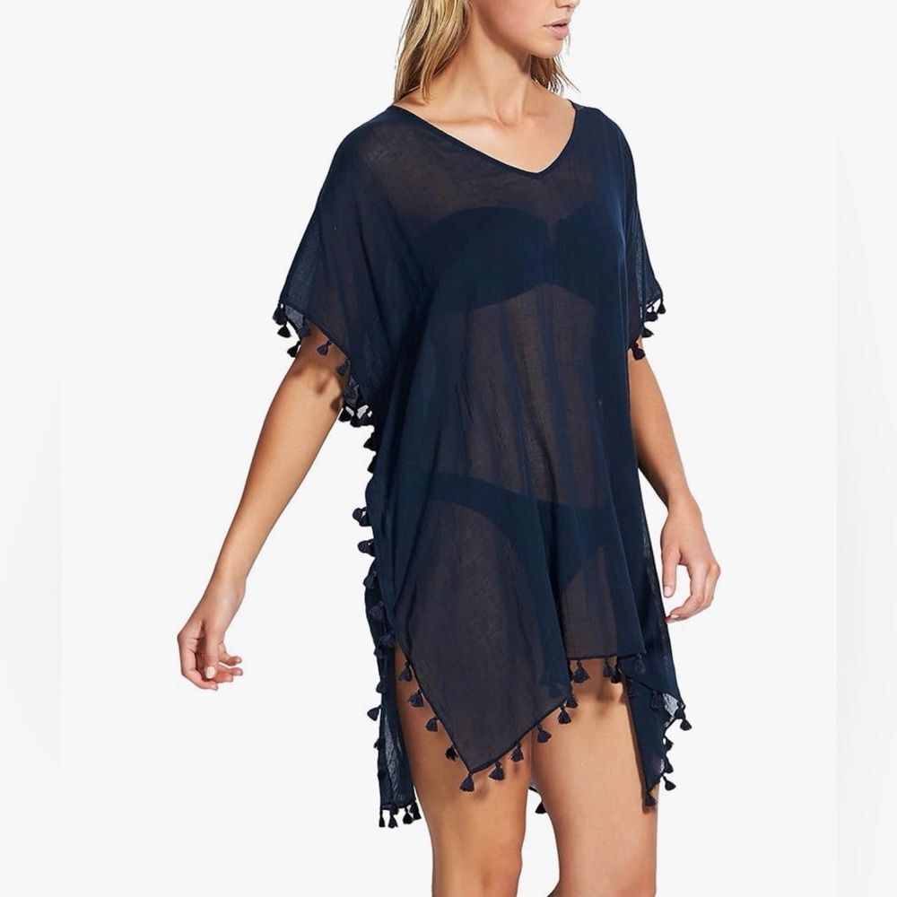 Seafolly Women's Kaftan Tassel Trim Cover Up Dress Navy Blue One Size OS